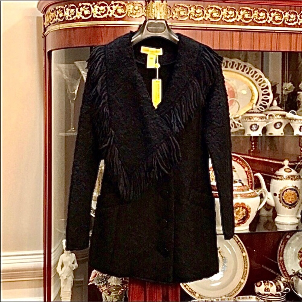 Catherine Malandrino Fringed Collar Mohair Wool Blend Black Jacket Sz.0
